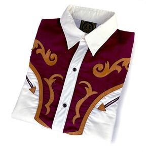 Espuela de Oro Vintage White & Burgundy Western Shirt with Leather Trim
